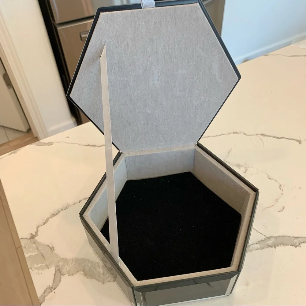 Marchesa Black Hexagon Mirrored Glass Velvet-Lined Jewelry Vanity Trinket Box